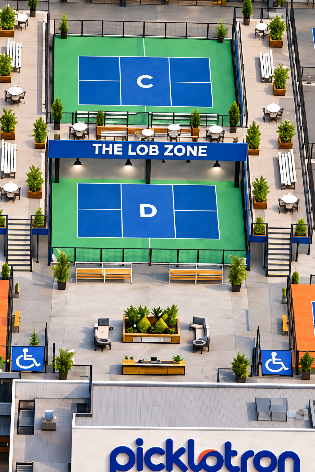 Close-up 3D model of the Lob Zone between Courts C and D with chairs, tables, stairs and accessible seating areas