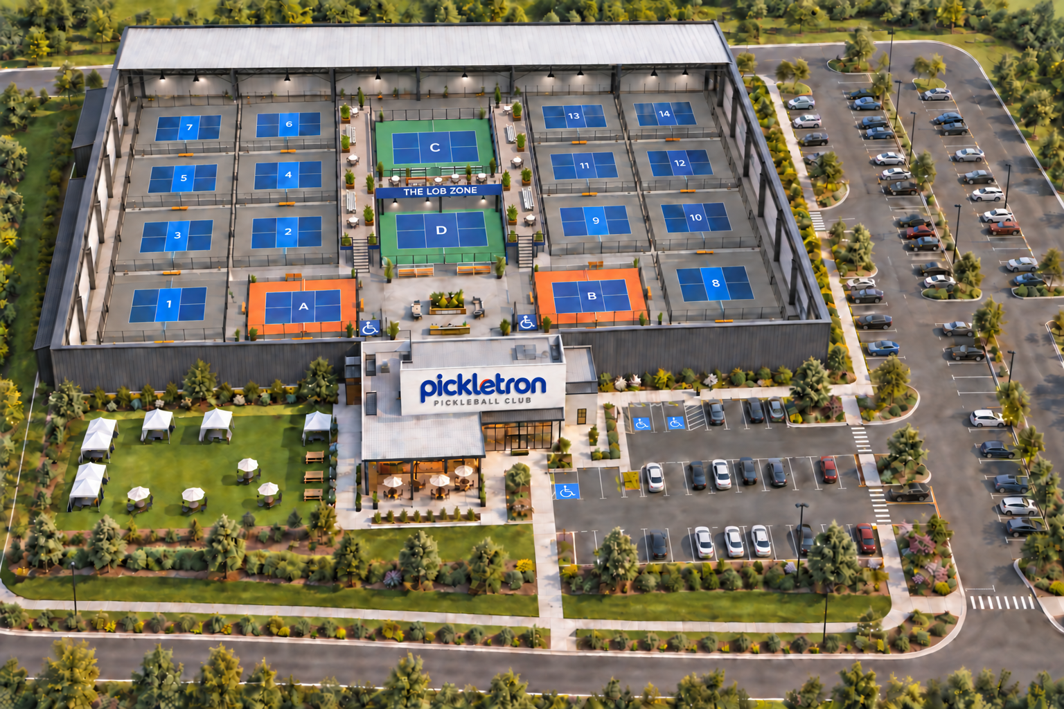 Open-roof architectural rendering showing the full Pickletron facility, all 18 courts, the Lob Zone, clubhouse, lawn and parking